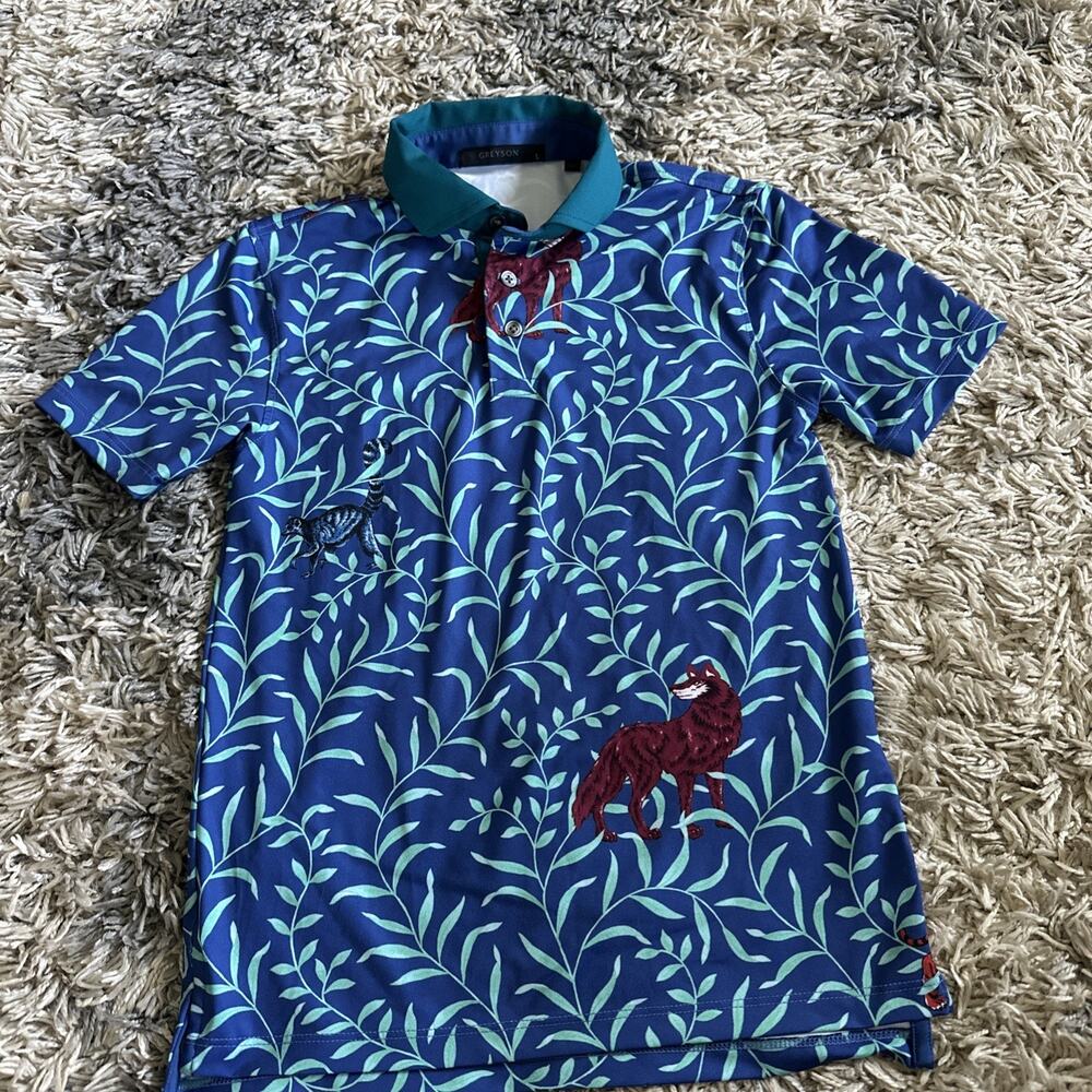 Greyson Golf Youth Tiger Floral AOP Print Polo Youth Size Large EUC Jungle Wolf